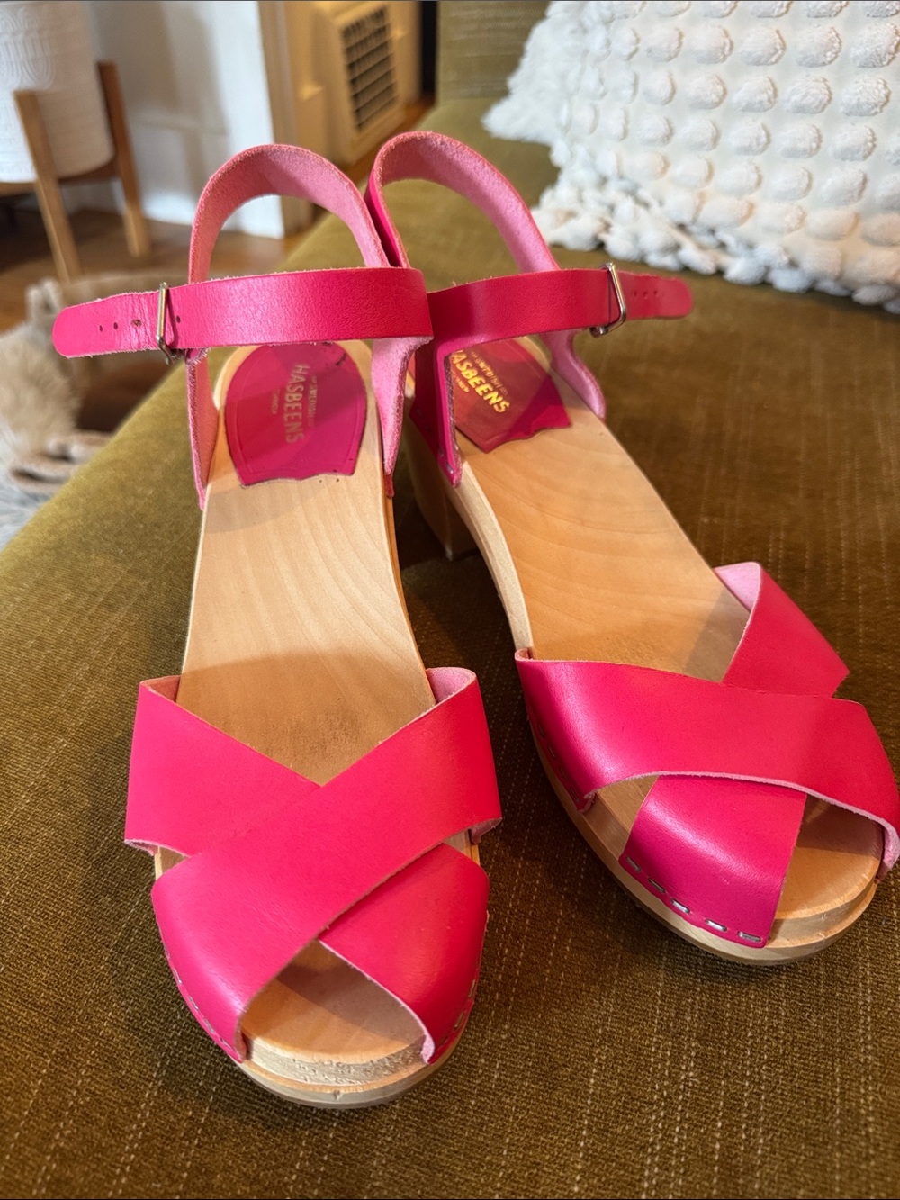 Swedish Hasbeens Hot Pink Leather Crossover Sandals
